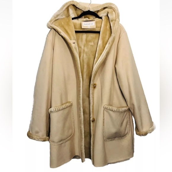 Jones New York Reversible Coat S Hood Faux Fur/Suede Beige Pockets Button Down - Picture 2 of 9